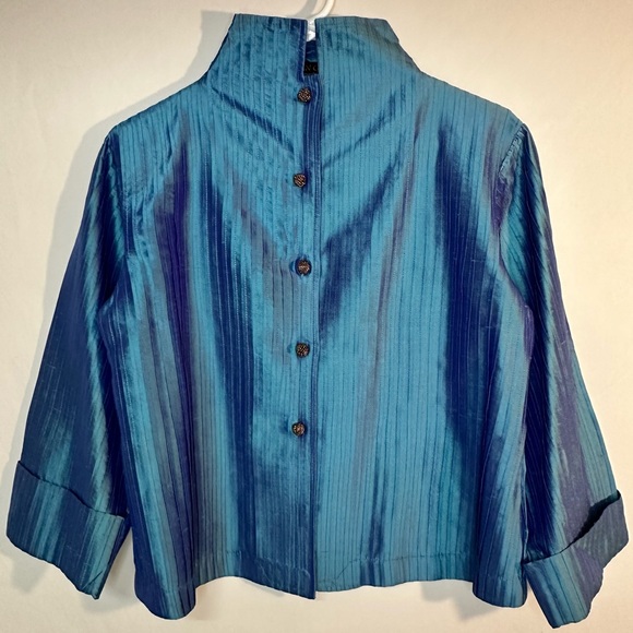 Xilingshi Janet Eagan Design Silk Pintucket Jacket Iridescent Blue Size L - Picture 1 of 5